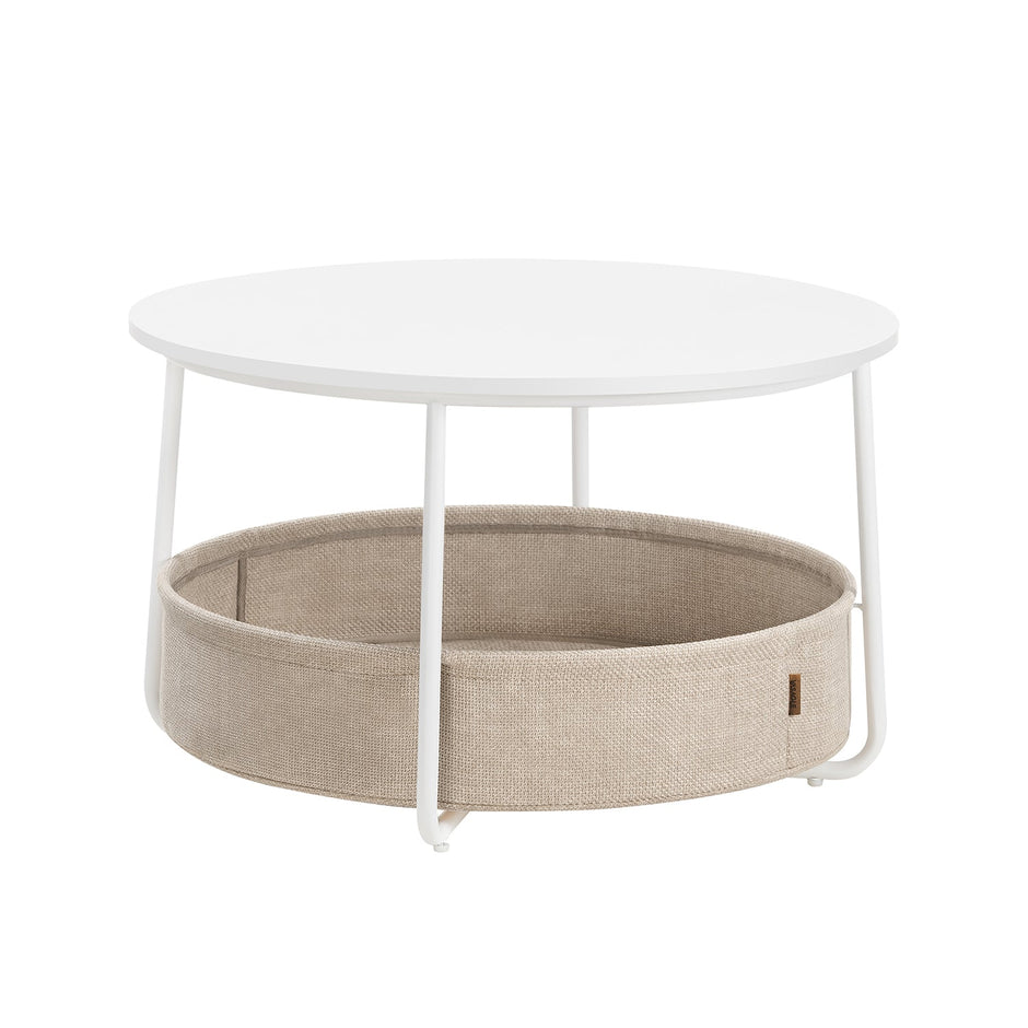 Round Coffee Table – Metal and Fabric – Matte White and Camel Brown – With Storage Basket