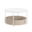 Round Coffee Table – Metal and Fabric – Matte White and Camel Brown – With Storage Basket
