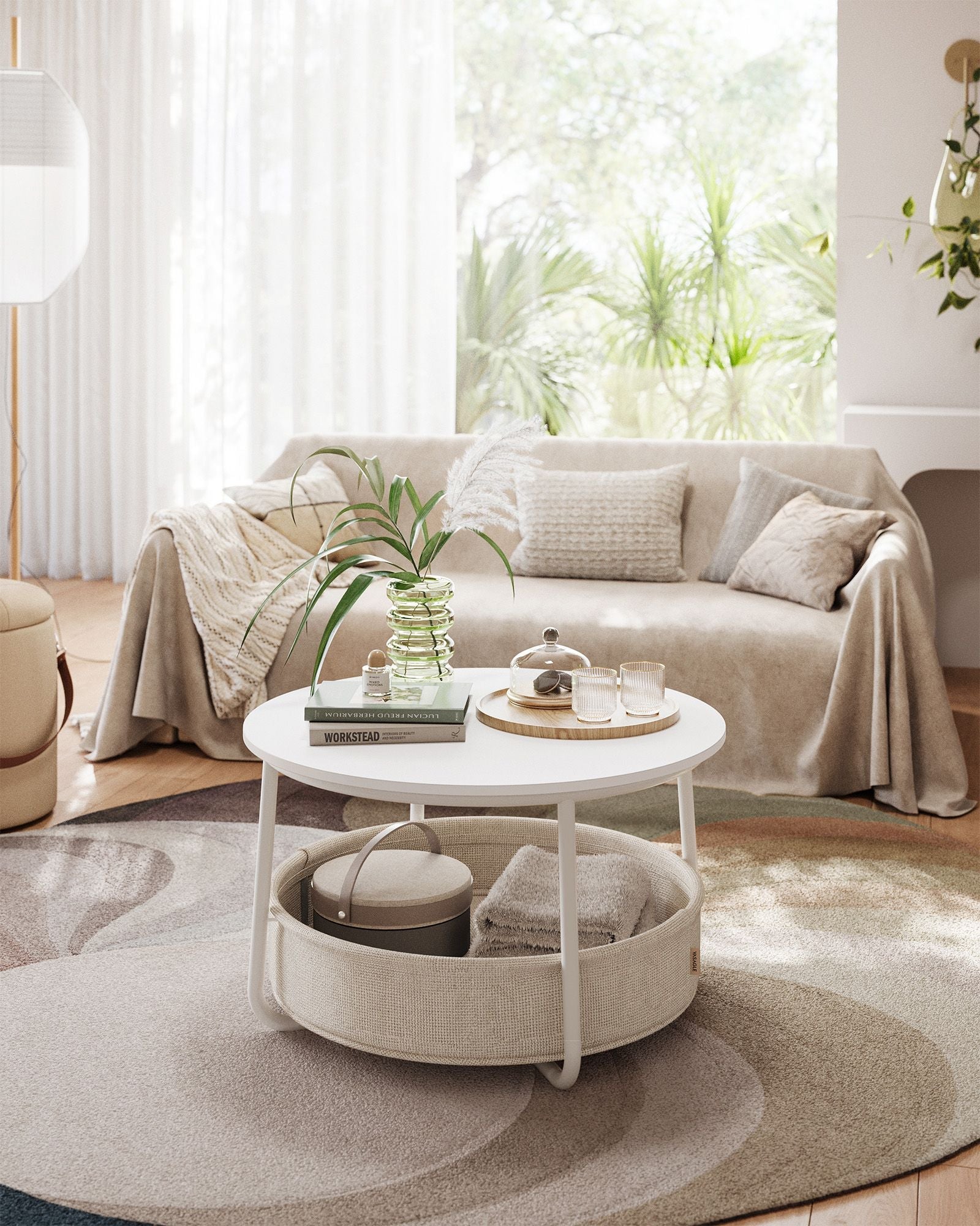 Round Coffee Table – Metal and Fabric – Matte White and Camel Brown – With Storage Basket