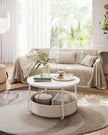 Round Coffee Table – Metal and Fabric – Matte White and Camel Brown – With Storage Basket