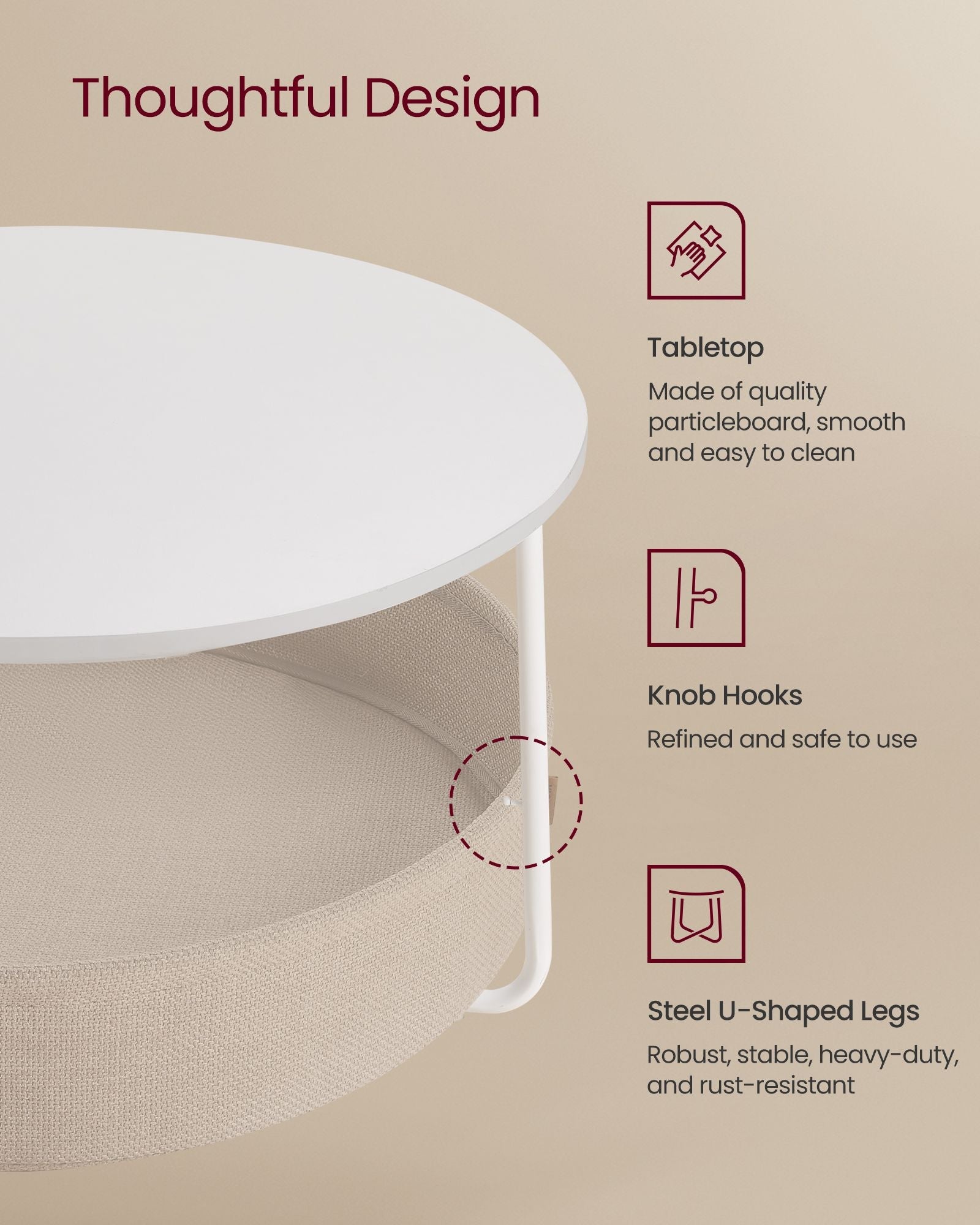 Round Coffee Table – Metal and Fabric – Matte White and Camel Brown – With Storage Basket