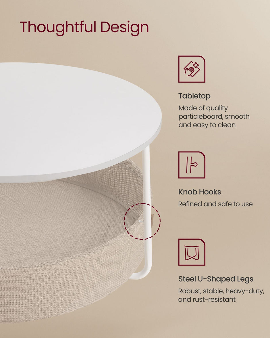 Round Coffee Table – Metal and Fabric – Matte White and Camel Brown – With Storage Basket