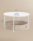 Round Coffee Table – Metal and Fabric – Matte White and Camel Brown – With Storage Basket