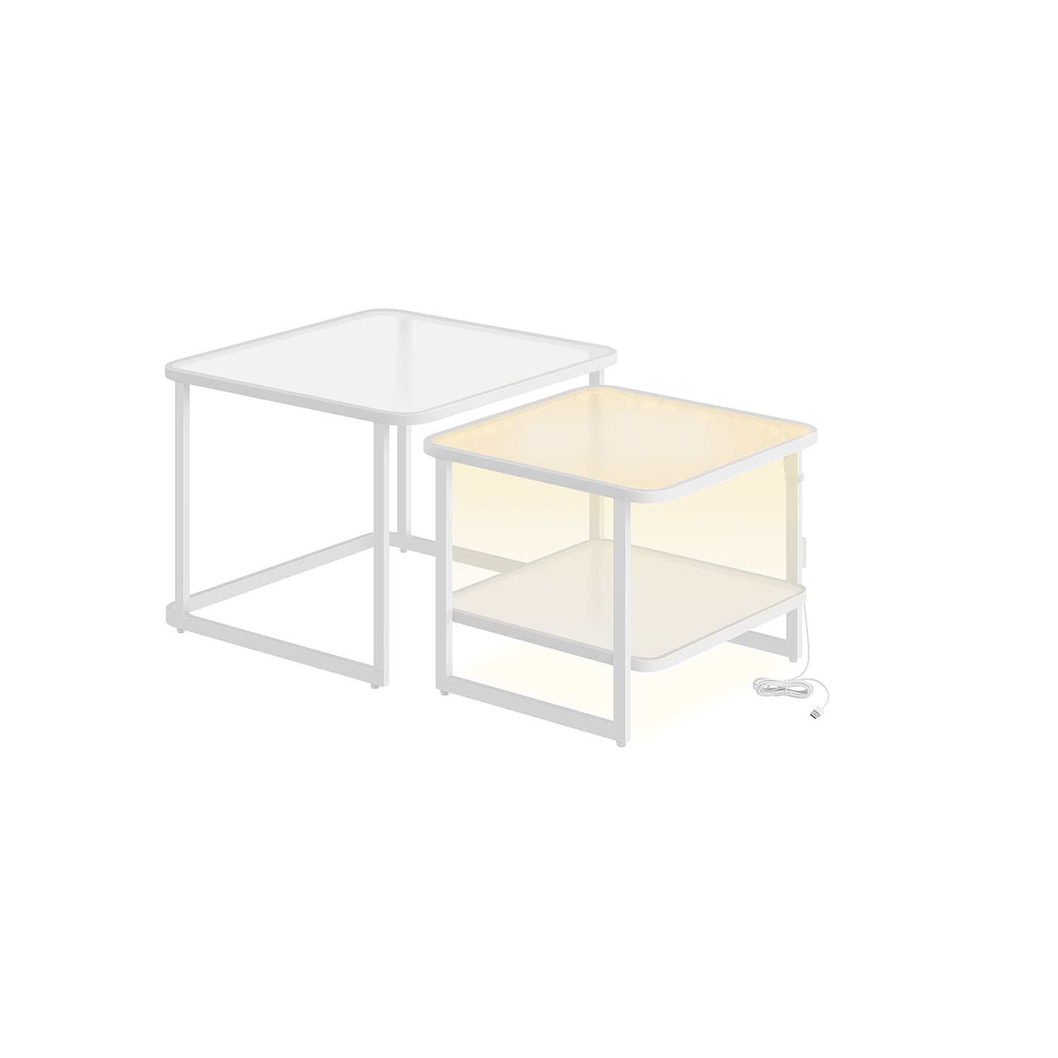 Nesting Tables Set of 2 – Wood – Cloud White and Pearl White – LED Lights