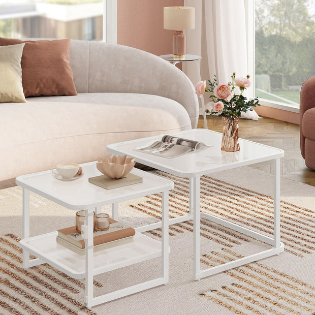 Nesting Tables Set of 2 – Wood – Cloud White and Pearl White – LED Lights