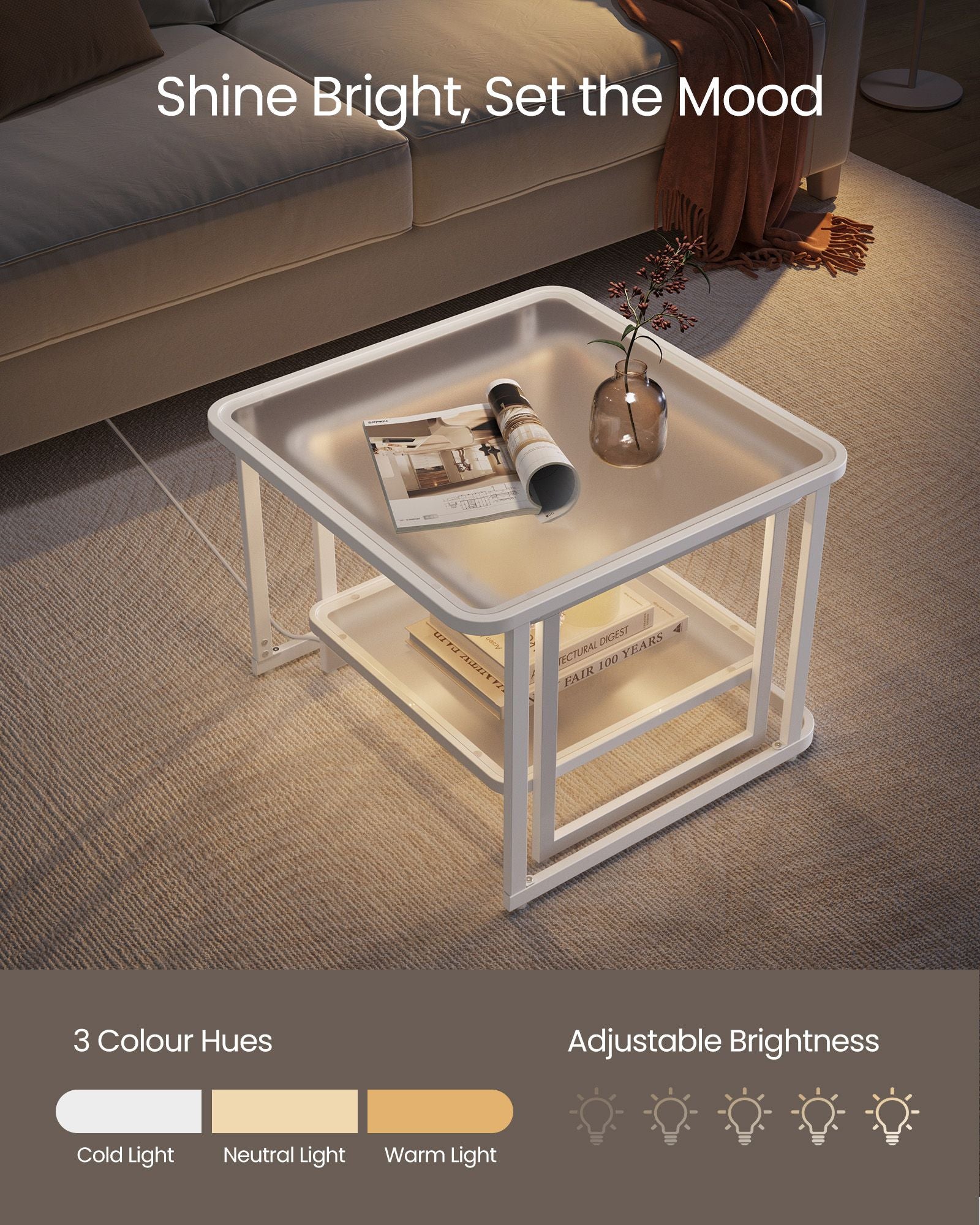 Nesting Tables Set of 2 – Wood – Cloud White and Pearl White – LED Lights