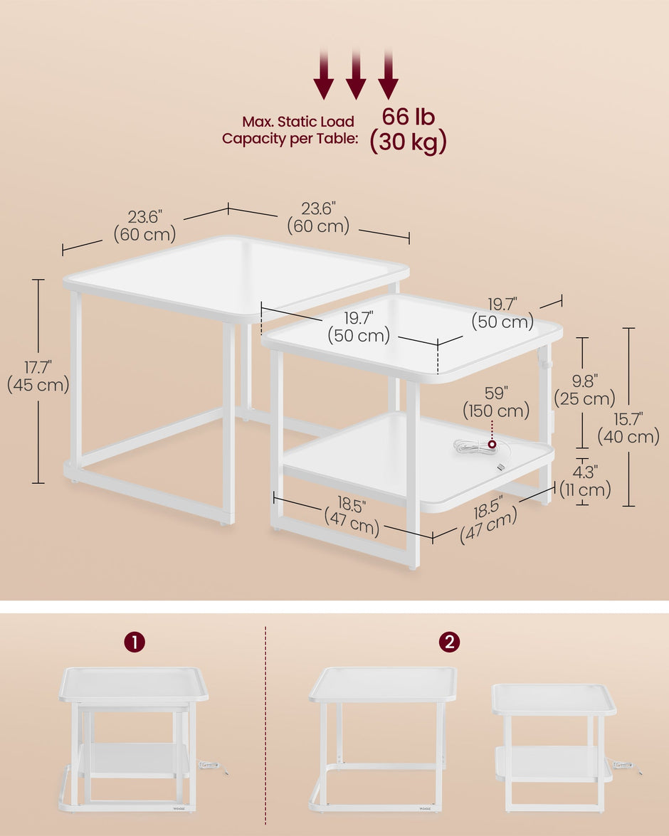 Nesting Tables Set of 2 – Wood – Cloud White and Pearl White – LED Lights