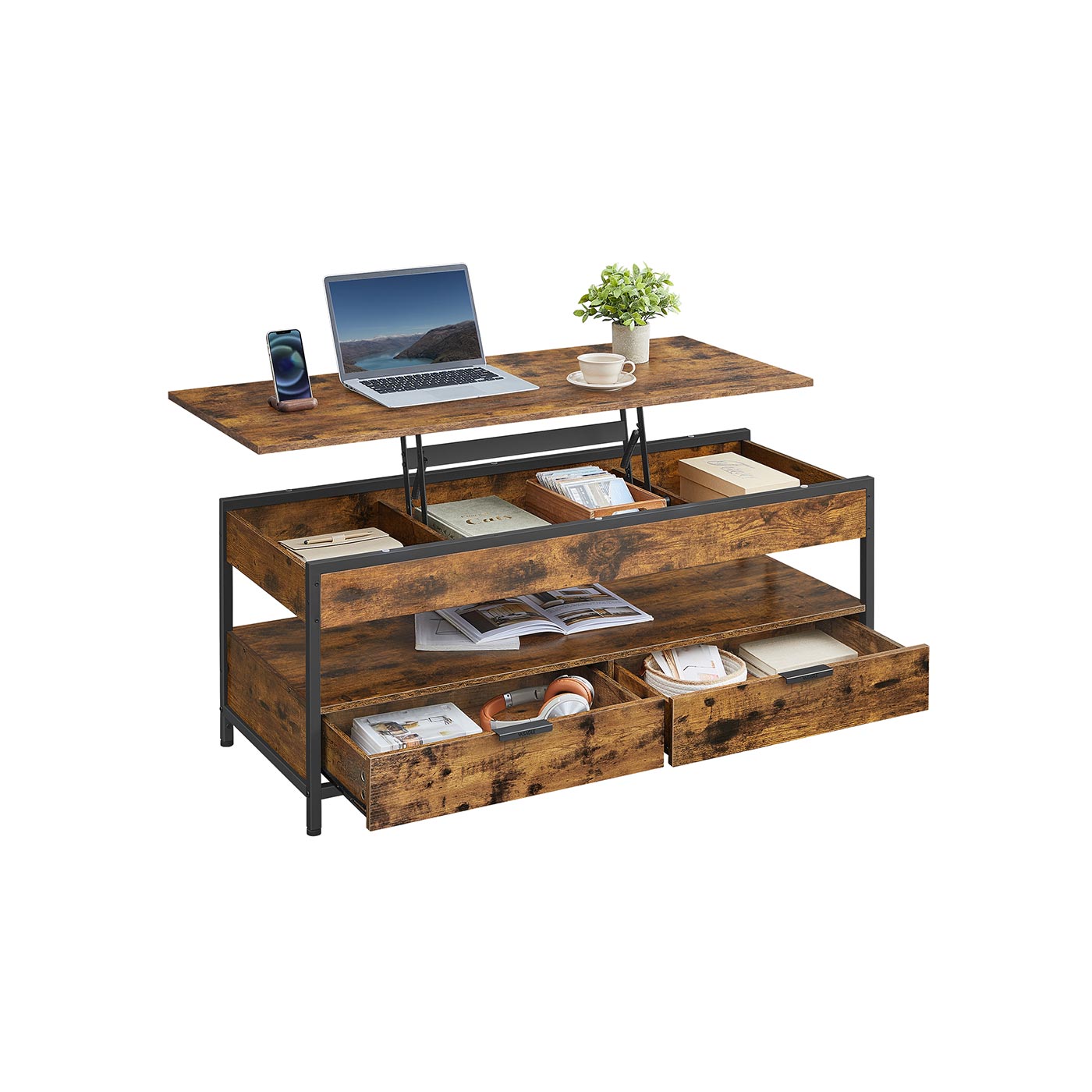 Lift Top Coffee Table – Wood – Rustic Brown and Ink Black – Hidden Compartments and Storage Drawers