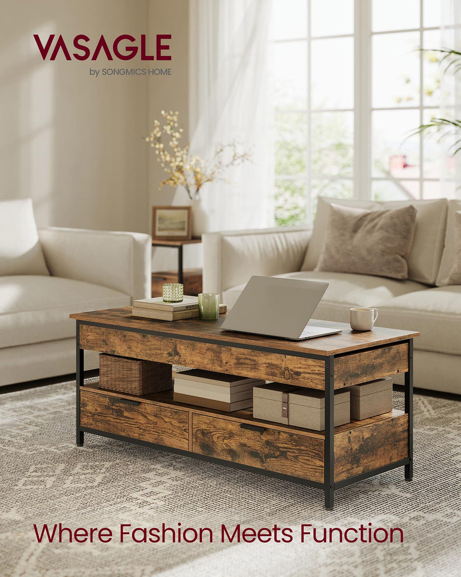 Lift Top Coffee Table – Wood – Rustic Brown and Ink Black – Hidden Compartments and Storage Drawers