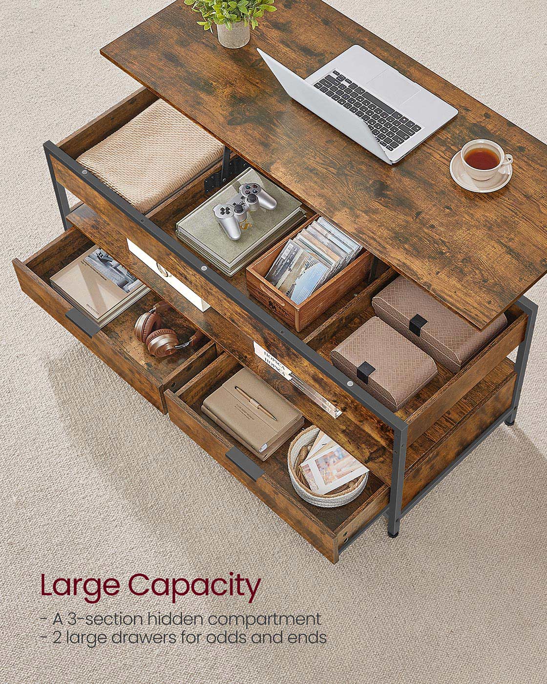 Lift Top Coffee Table – Wood – Rustic Brown and Ink Black – Hidden Compartments and Storage Drawers