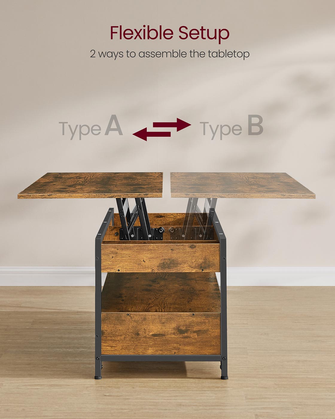 Lift Top Coffee Table – Wood – Rustic Brown and Ink Black – Hidden Compartments and Storage Drawers