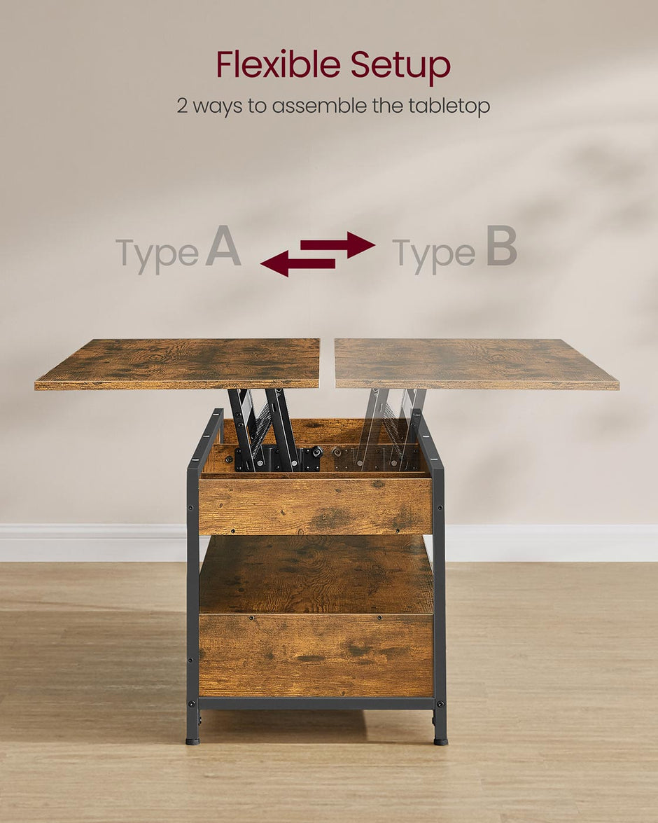 Lift Top Coffee Table – Wood – Rustic Brown and Ink Black – Hidden Compartments and Storage Drawers