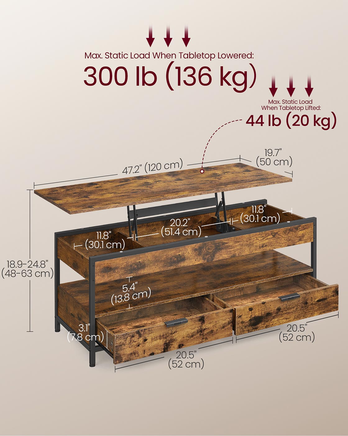 Lift Top Coffee Table – Wood – Rustic Brown and Ink Black – Hidden Compartments and Storage Drawers
