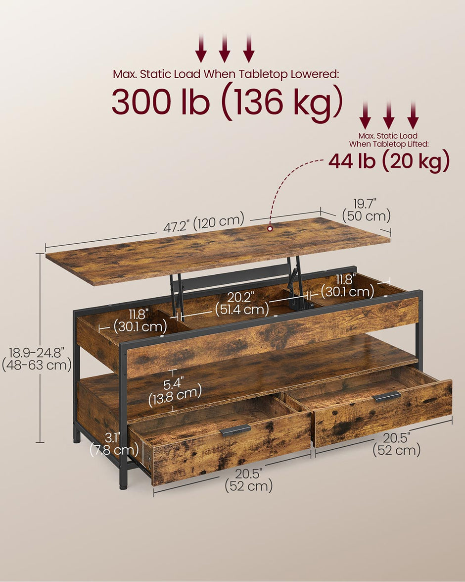 Lift Top Coffee Table – Wood – Rustic Brown and Ink Black – Hidden Compartments and Storage Drawers