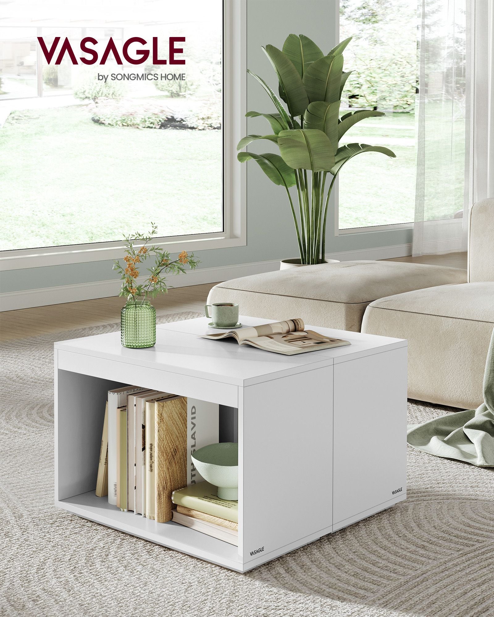 Customisable Coffee Table Set – Wood – Snow White – Modern Design with Storage Shelf