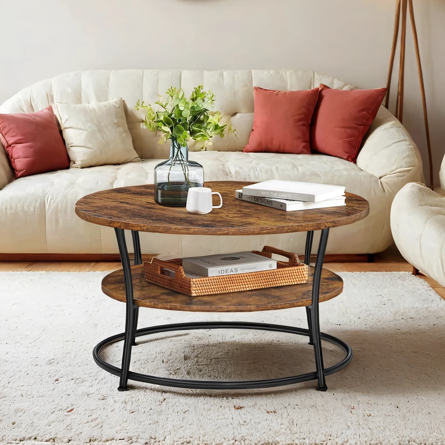 Round Coffee Table – Metal – Rustic Brown – Features Shelf and Easy Assembly