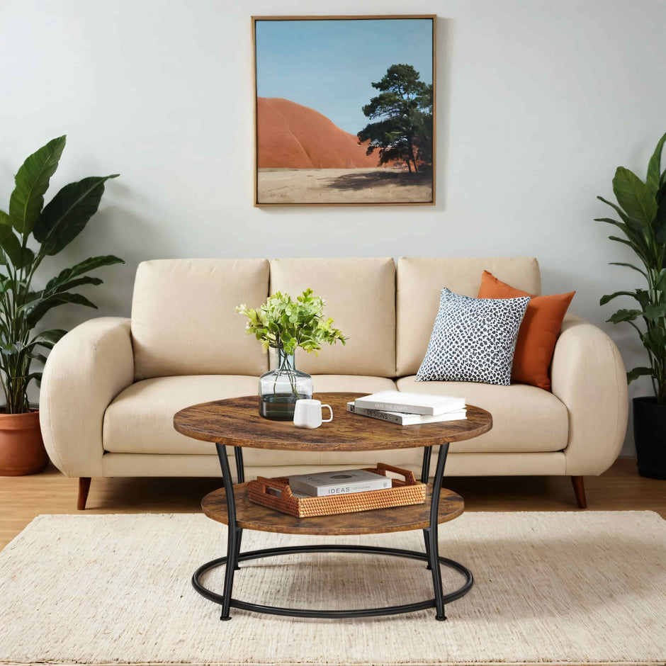 Round Coffee Table – Metal – Rustic Brown – Features Shelf and Easy Assembly