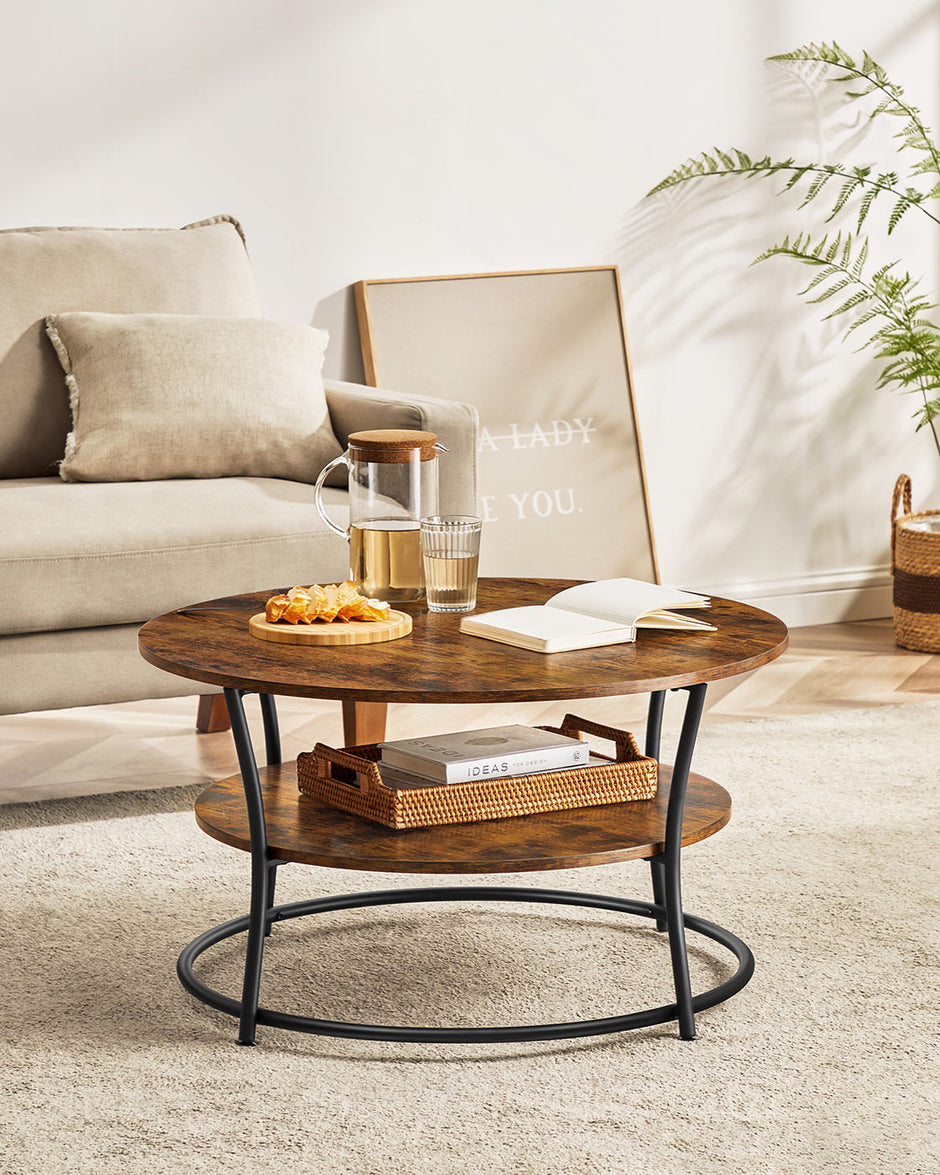 Round Cocktail Table – Metal – Rustic Brown – With Storage Shelf and Easy Assembly