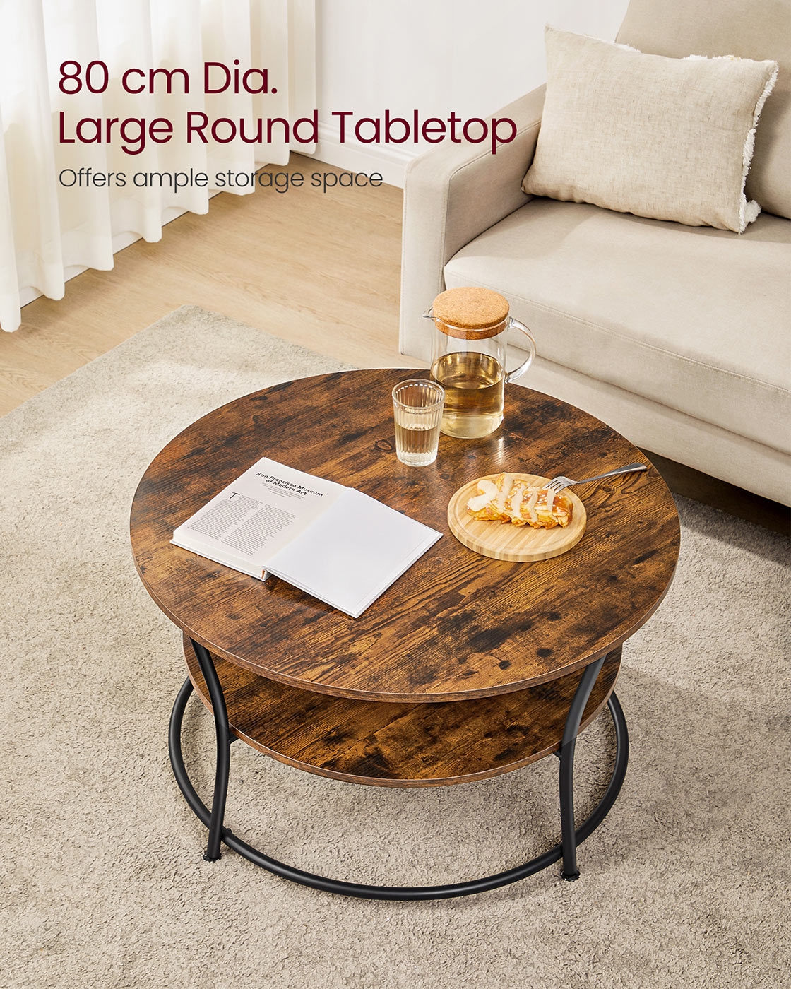 Round Cocktail Table – Metal – Rustic Brown – With Storage Shelf and Easy Assembly