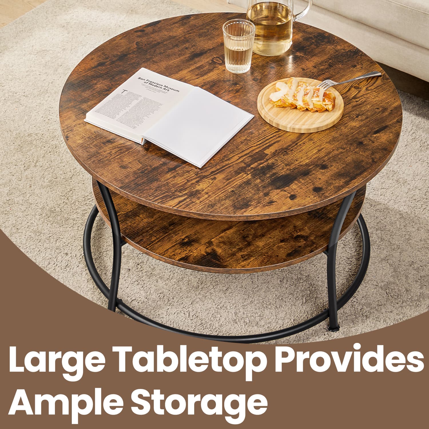 Round Coffee Table – Metal – Rustic Brown – Features Shelf and Easy Assembly