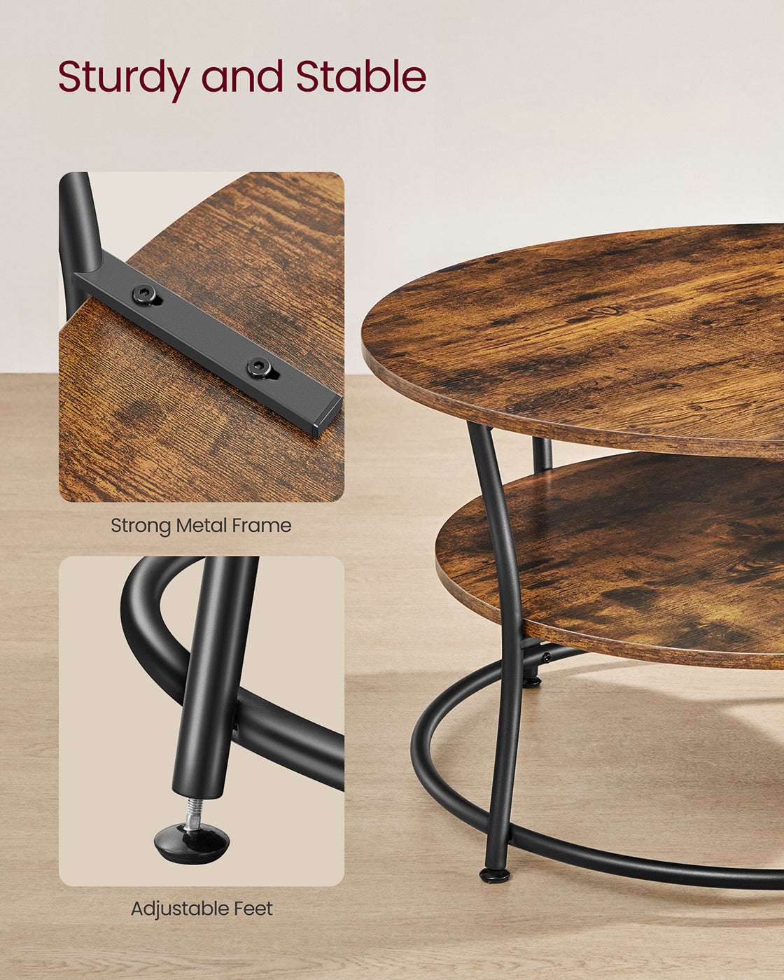Round Cocktail Table – Metal – Rustic Brown – With Storage Shelf and Easy Assembly