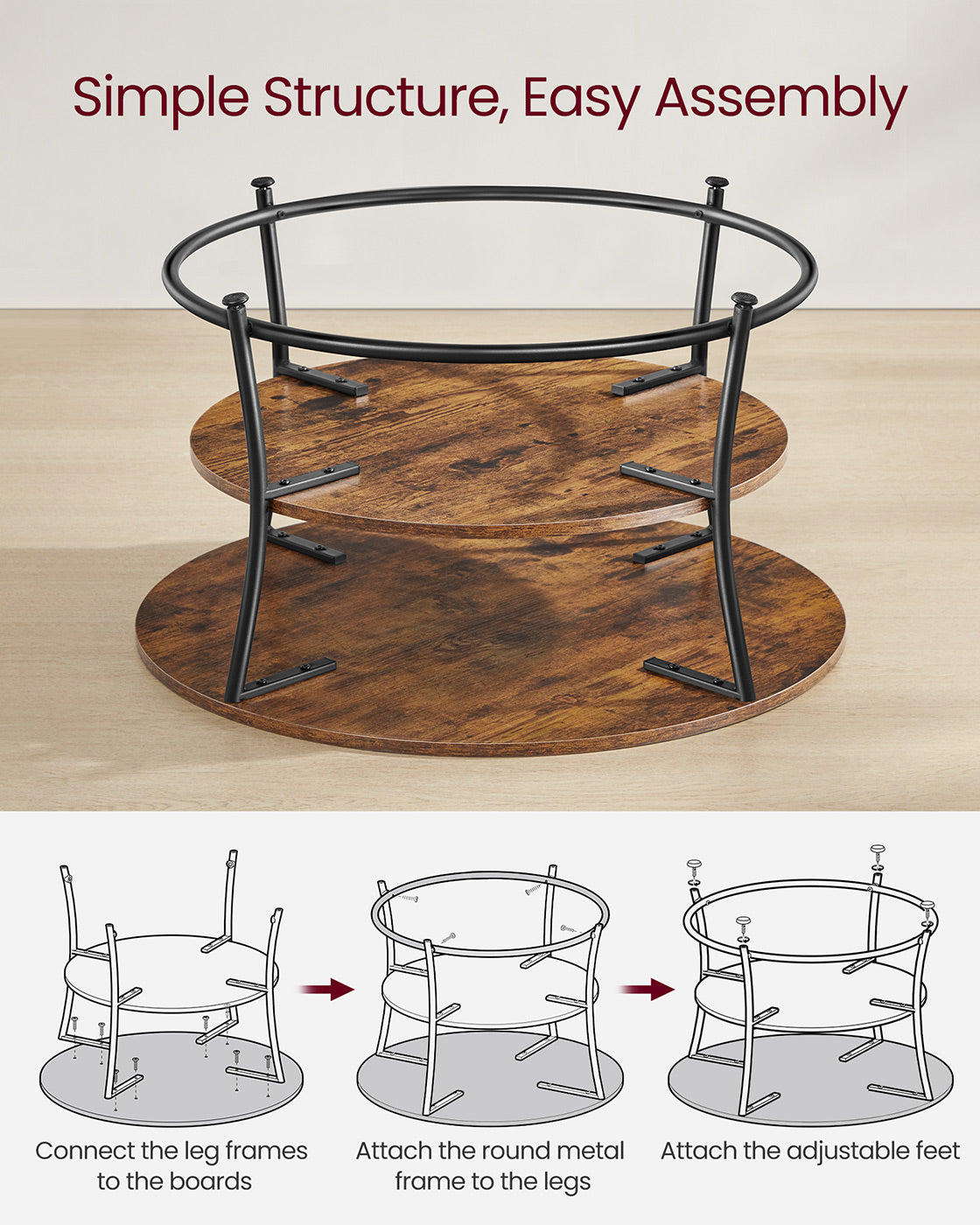 Round Cocktail Table – Metal – Rustic Brown – With Storage Shelf and Easy Assembly