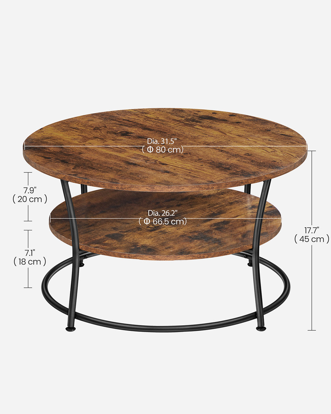 Round Cocktail Table – Metal – Rustic Brown – With Storage Shelf and Easy Assembly