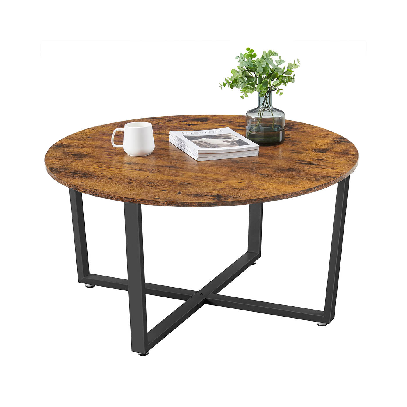 Round Coffee Table – Metal – Rustic Brown – Industrial Style, Easy to Assemble