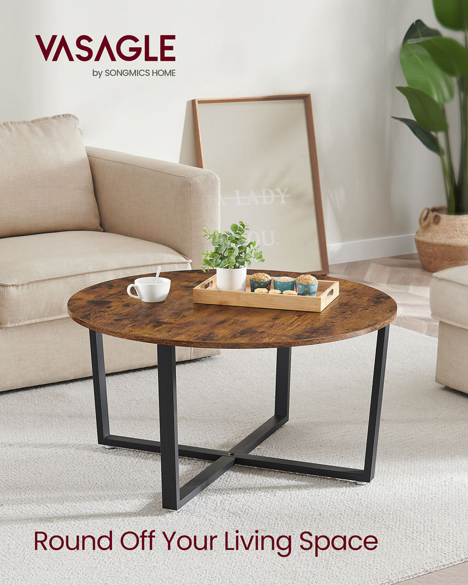 Round Coffee Table – Metal – Rustic Brown – Industrial Style, Easy to Assemble