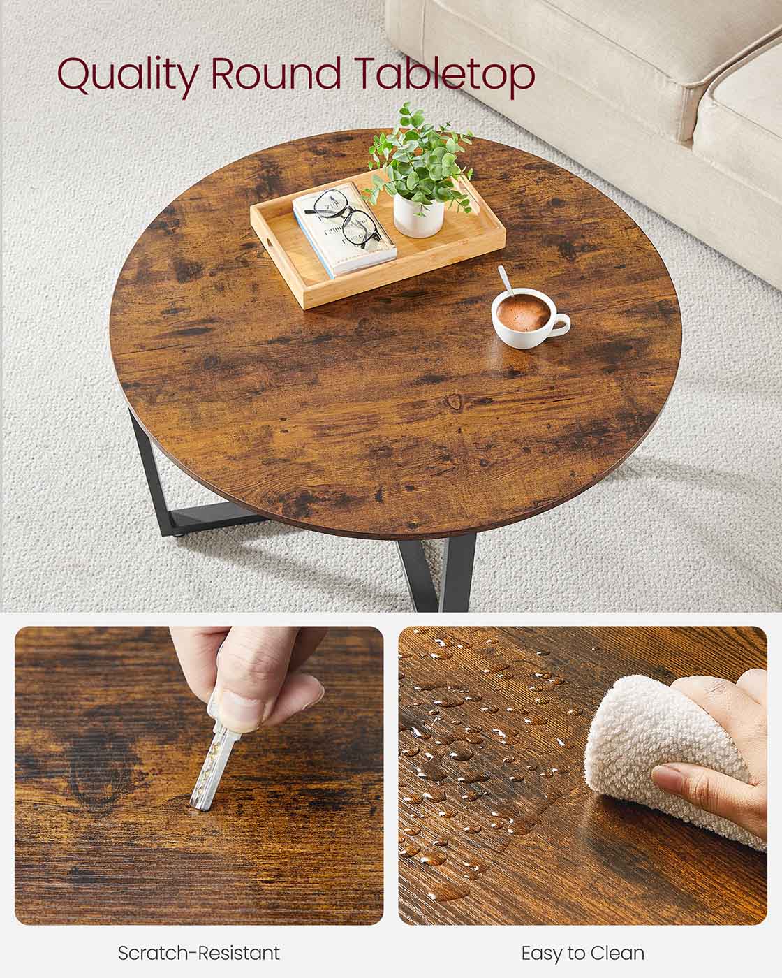 Round Coffee Table – Metal – Rustic Brown – Industrial Style, Easy to Assemble