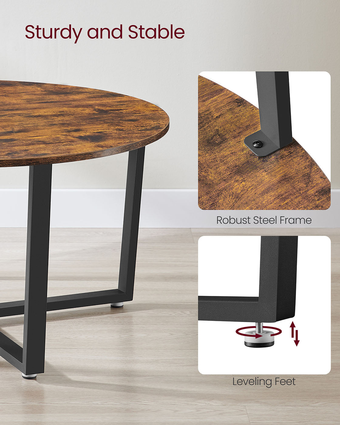 Round Coffee Table – Metal – Rustic Brown – Industrial Style, Easy to Assemble