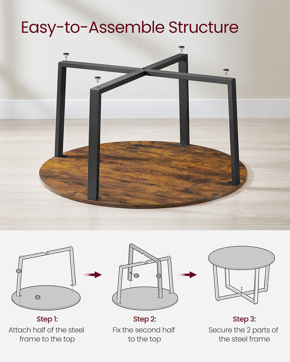 Round Coffee Table – Metal – Rustic Brown – Industrial Style, Easy to Assemble