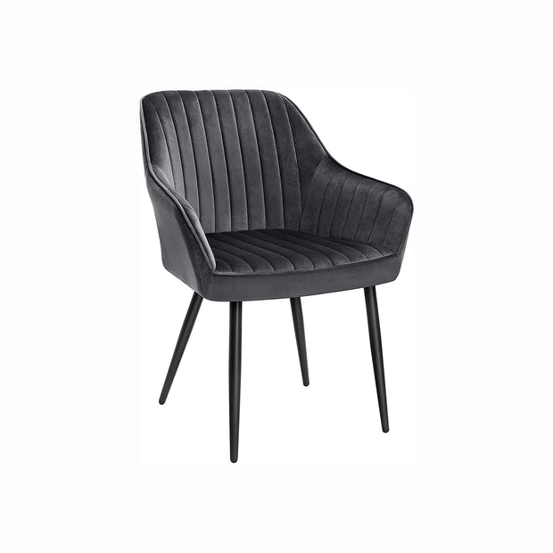 Upholstered Dining Chair – Velvet – Grey – Armrests, Metal Legs, 110 kg Load Capacity