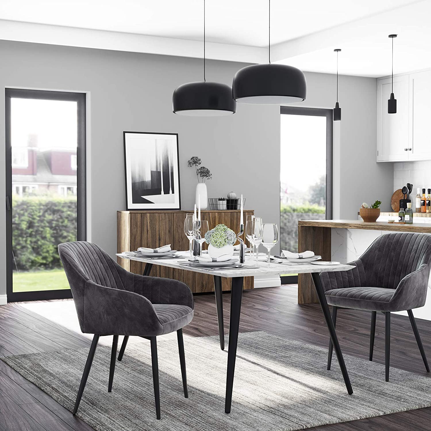 Upholstered Dining Chair – Velvet – Grey – Armrests, Metal Legs, 110 kg Load Capacity
