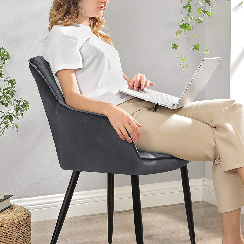 Upholstered Dining Chair – Velvet – Grey – Armrests, Metal Legs, 110 kg Load Capacity