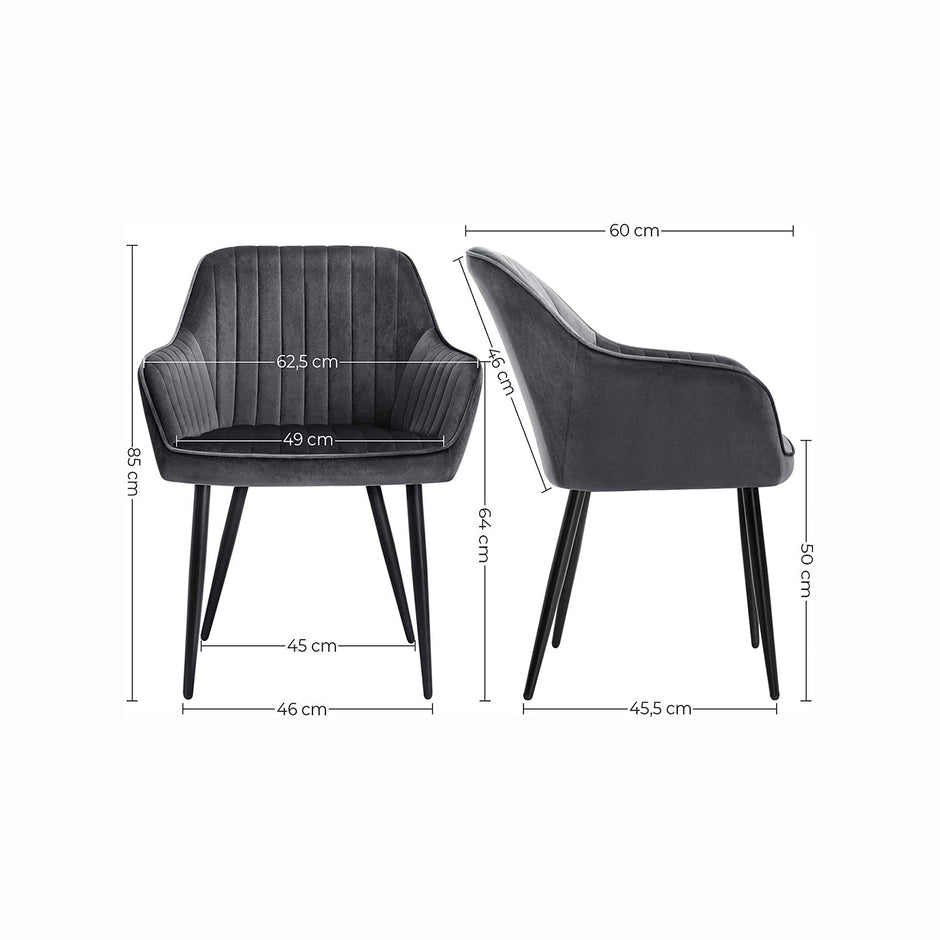 Upholstered Dining Chair – Velvet – Grey – Armrests, Metal Legs, 110 kg Load Capacity