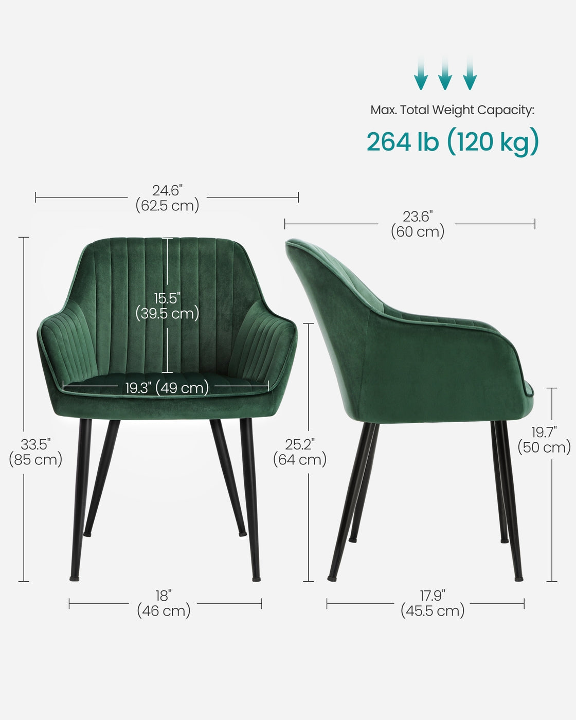 Dining Chair – Velvet – Grey – Upholstered with Armrests, Metal Legs, 110 kg Load Capacity