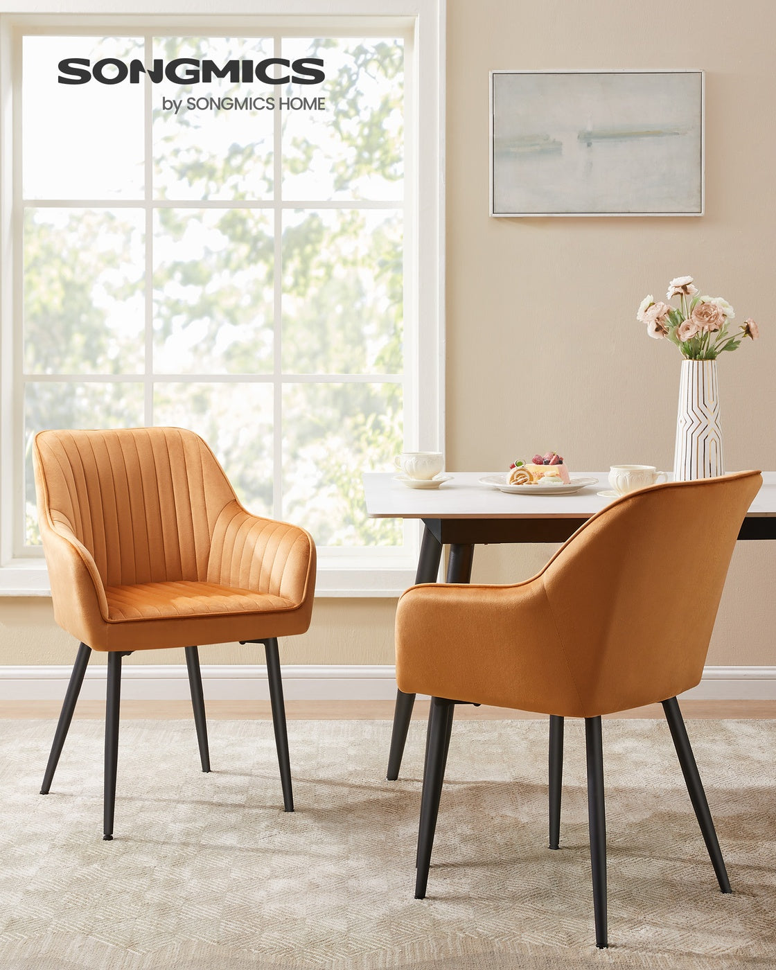 Dining Chair – Velvet – Caramel Brown and Ink Black – Upholstered with Armrests