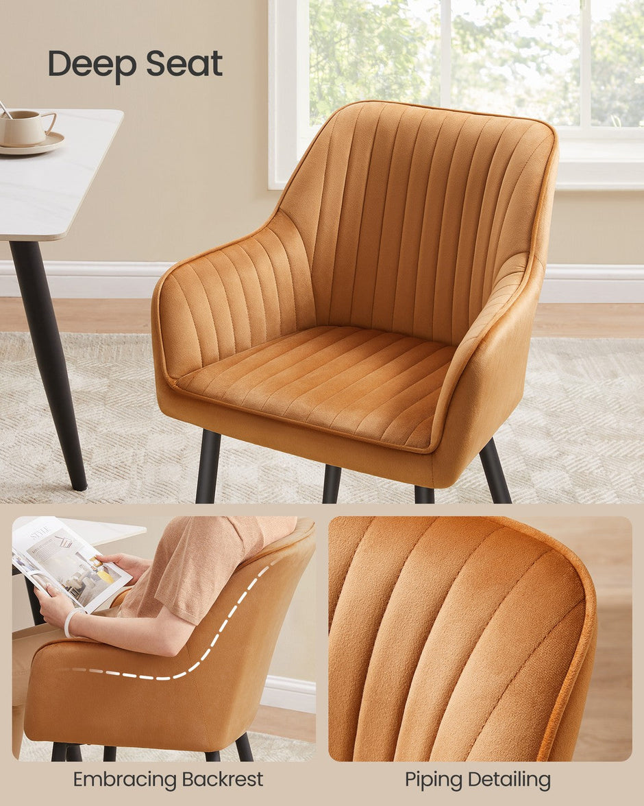 Dining Chair – Velvet – Caramel Brown and Ink Black – Upholstered with Armrests