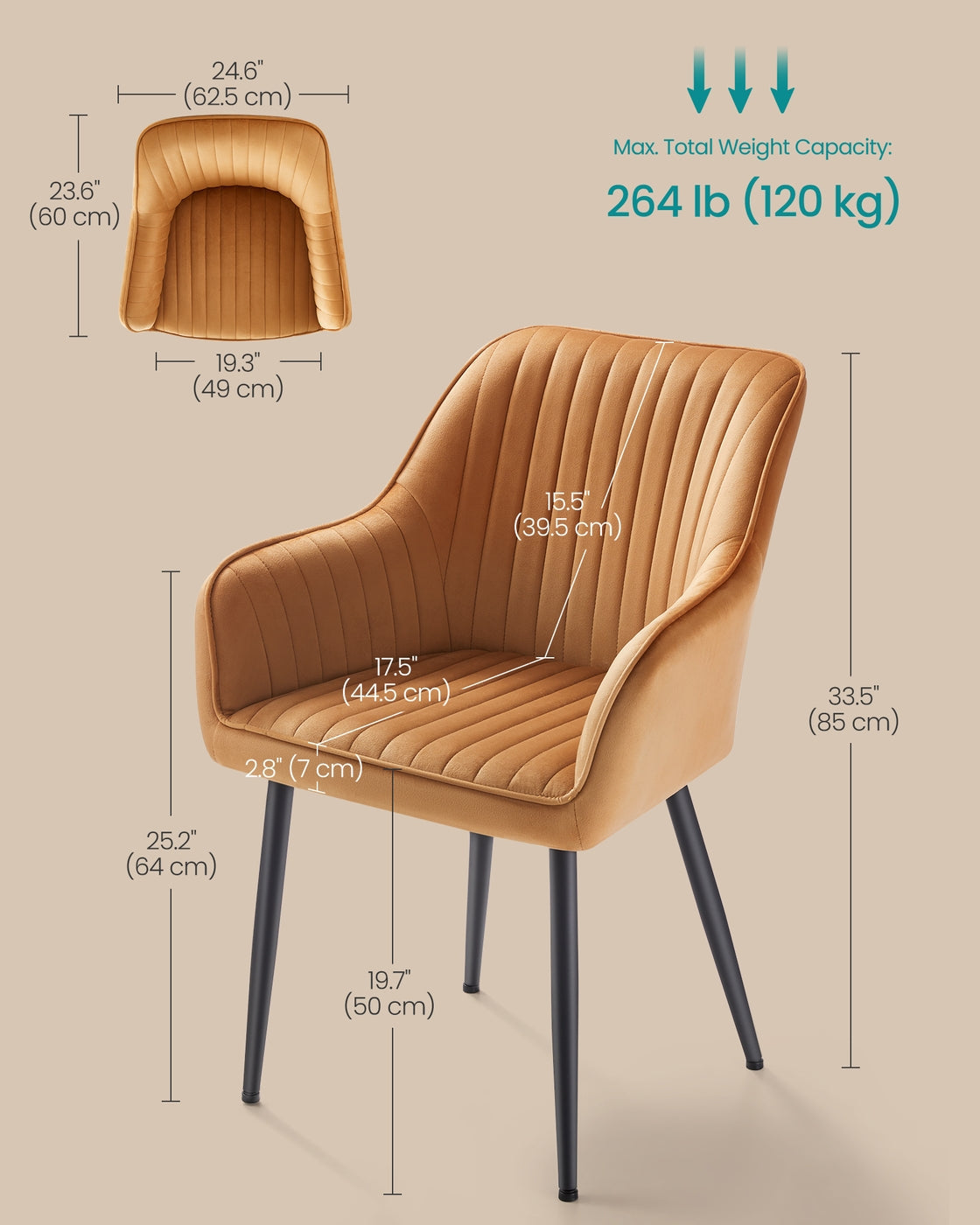 Dining Chair – Velvet – Caramel Brown and Ink Black – Upholstered with Armrests