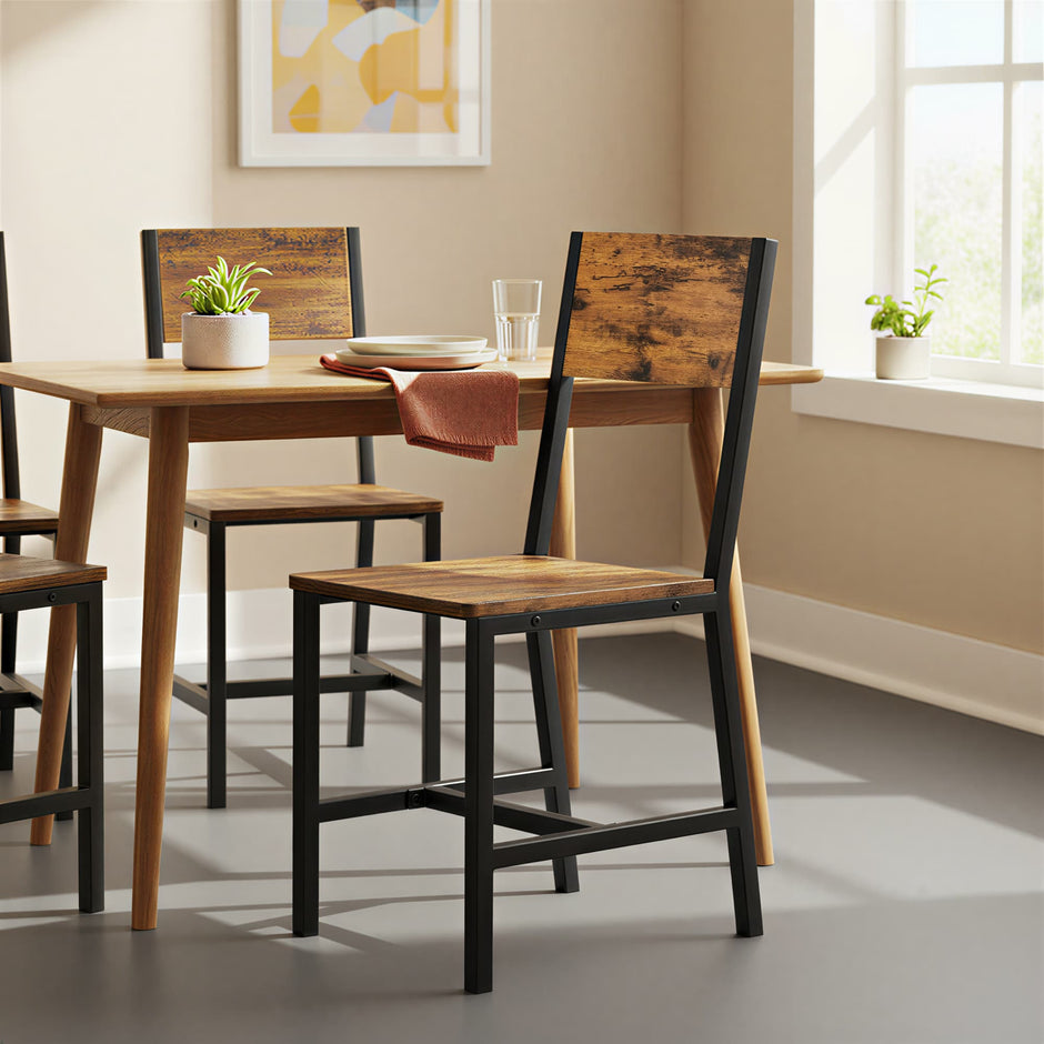 Set of 2 Rustic Brown and Black Kitchen Chairs – Steel Frame – Stylish Back Design