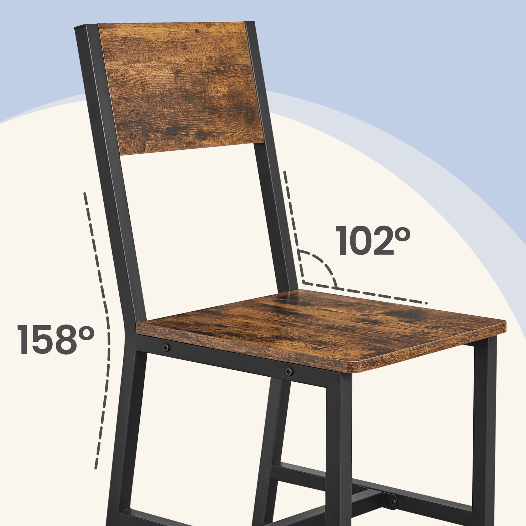 Set of 2 Rustic Brown and Black Kitchen Chairs – Steel Frame – Stylish Back Design