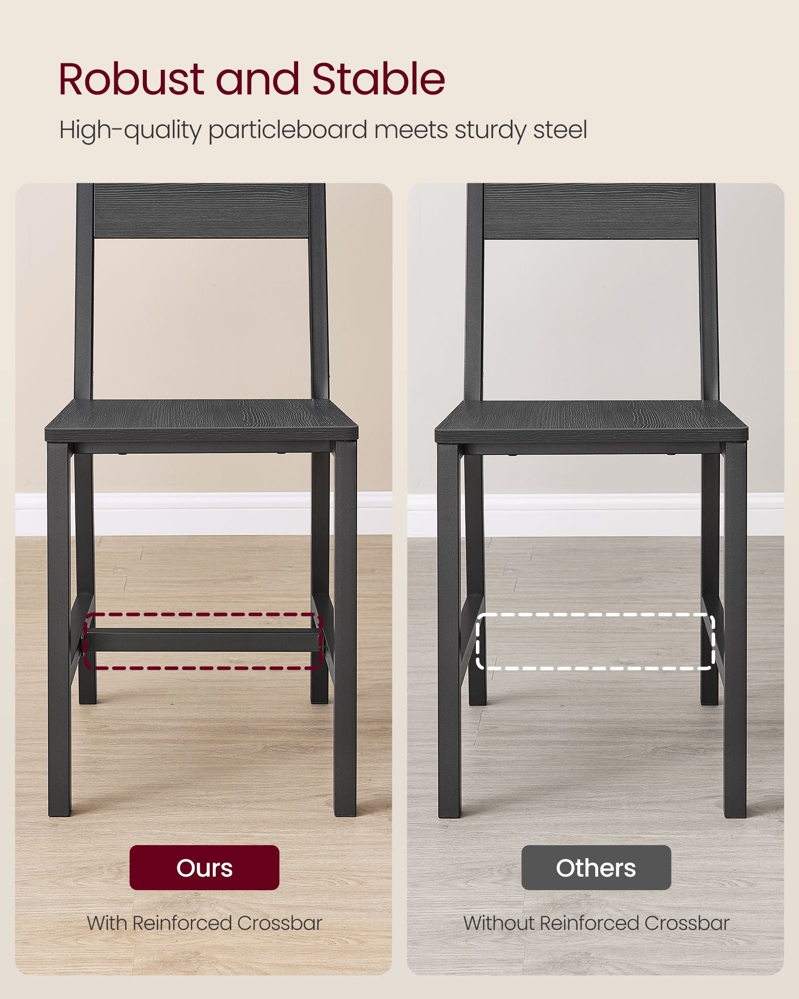 Set of 2 Dining Chairs – Steel Frame – Charcoal Grey and Ink Black – Industrial Style