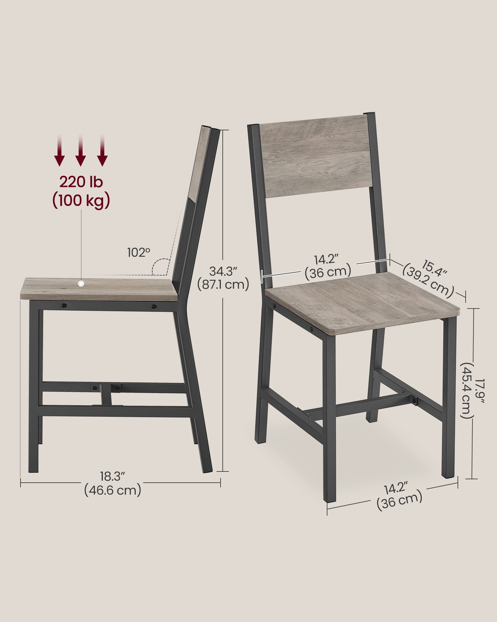 Set of 2 Dining Chairs – Steel Frame – Heather Greige and Frosted Grey – Industrial Style