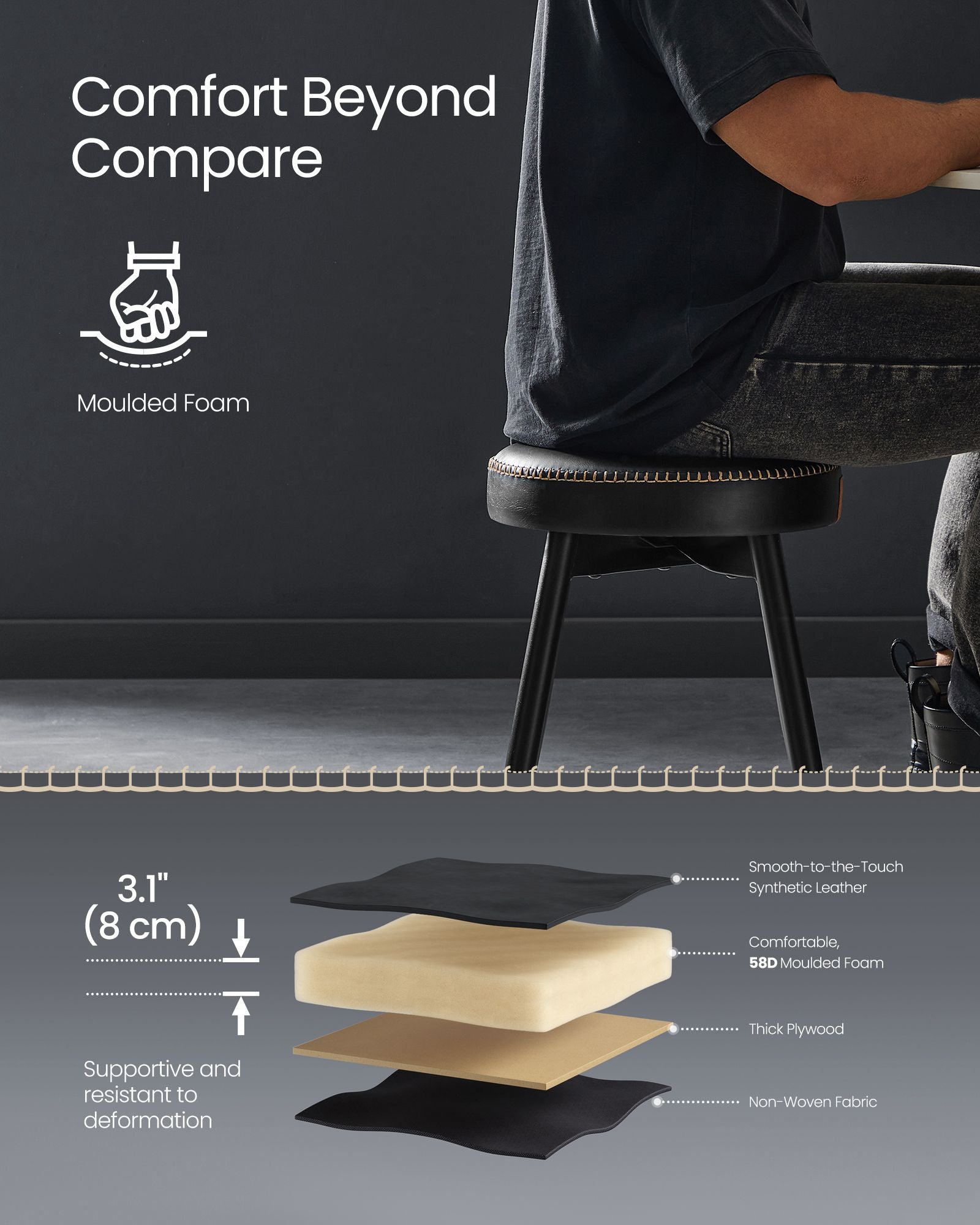Dining Chairs Set of 2 – Synthetic Leather – Ink Black – Mid-Century Modern Design