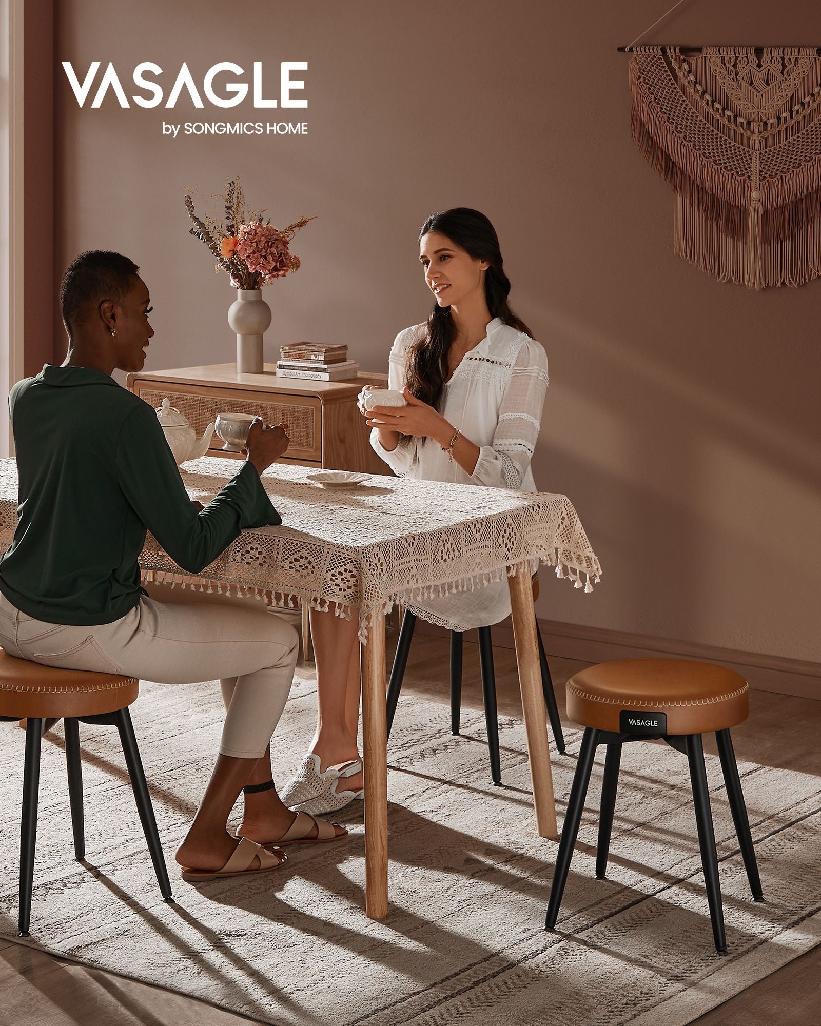 Dining Chairs Set of 2 – Synthetic Leather – Caramel Brown – Mid-Century Modern Upholstered Design
