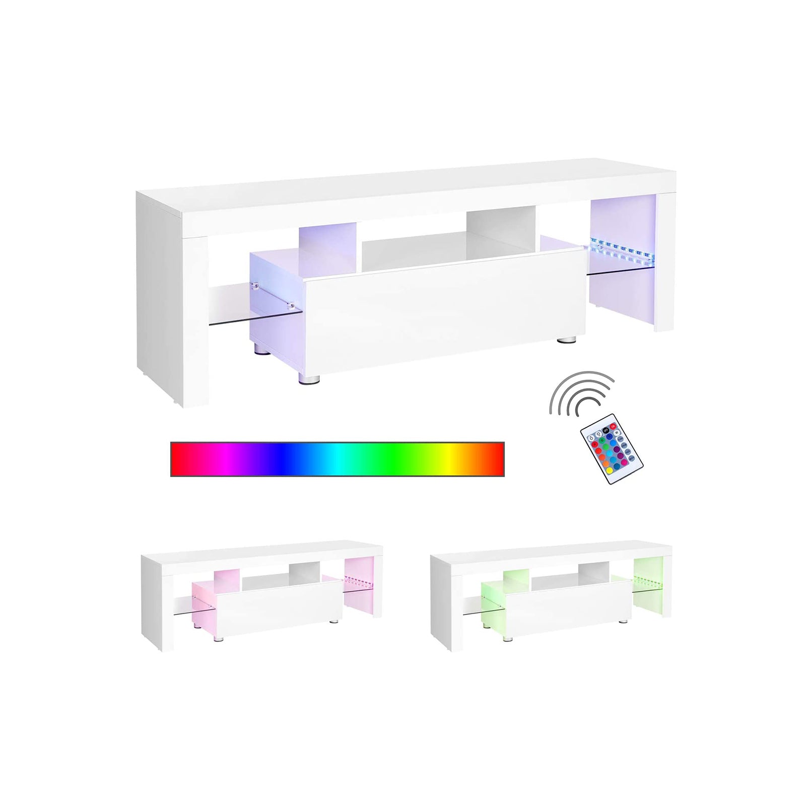 TV Stand – MDF – Glossy White – LED Lighting, Fits TVs up to 60 Inches