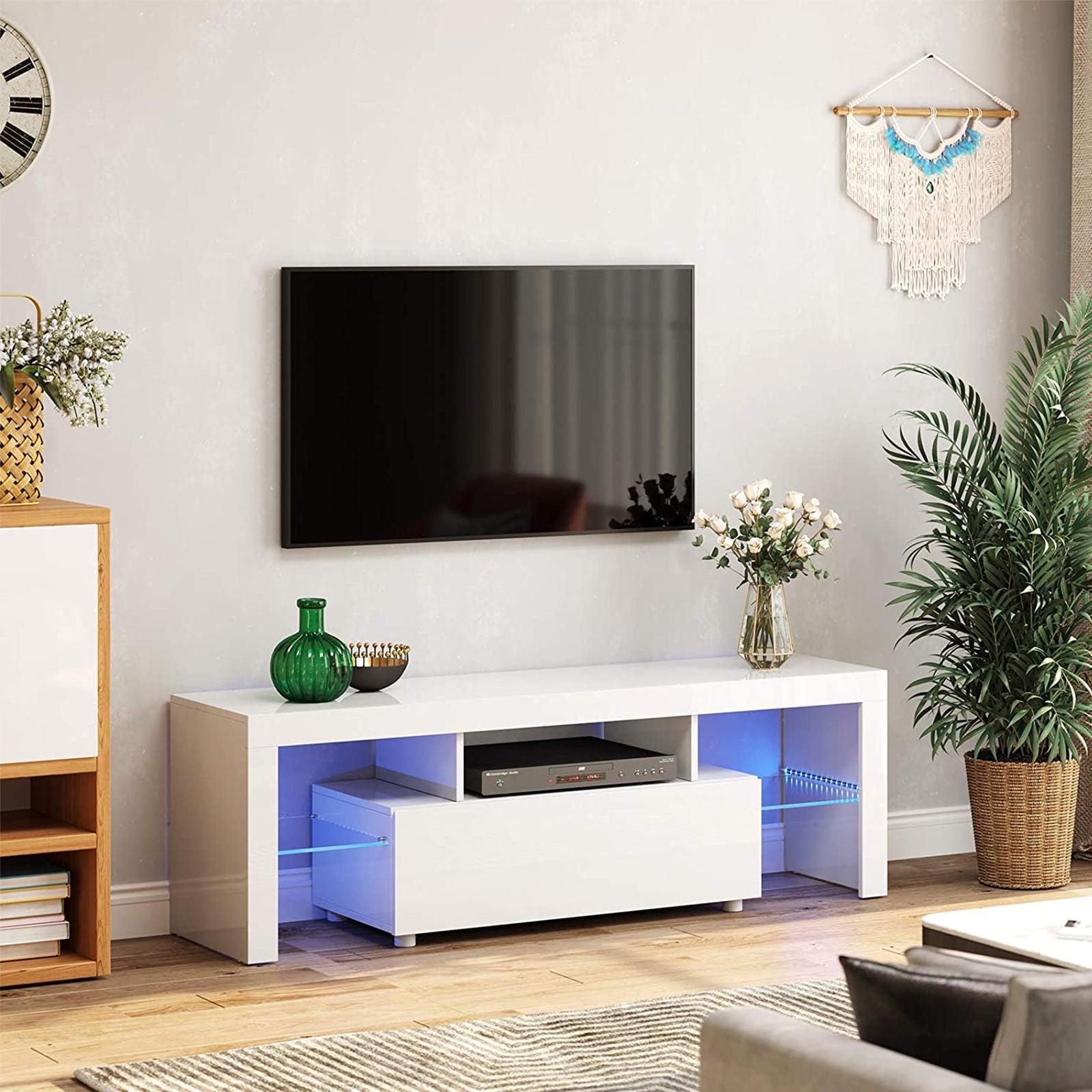TV Stand – MDF – Glossy White – LED Lighting, Fits TVs up to 60 Inches