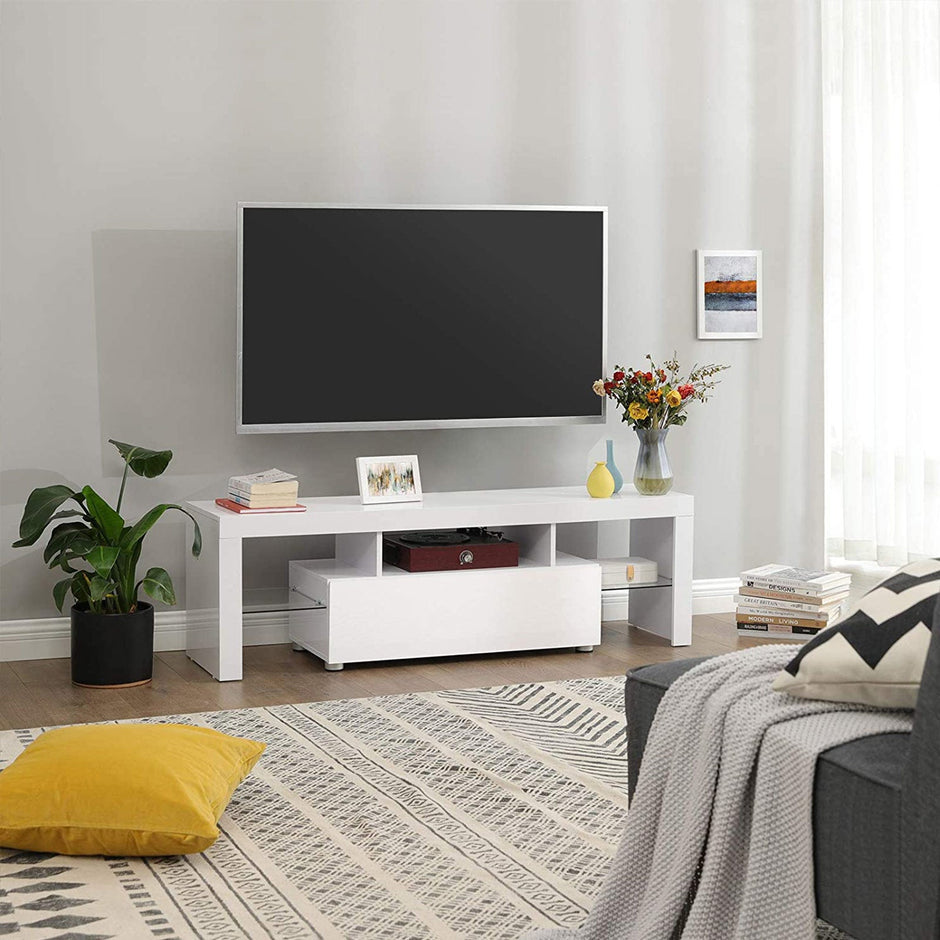 TV Stand – MDF – Glossy White – LED Lighting, Fits TVs up to 60 Inches