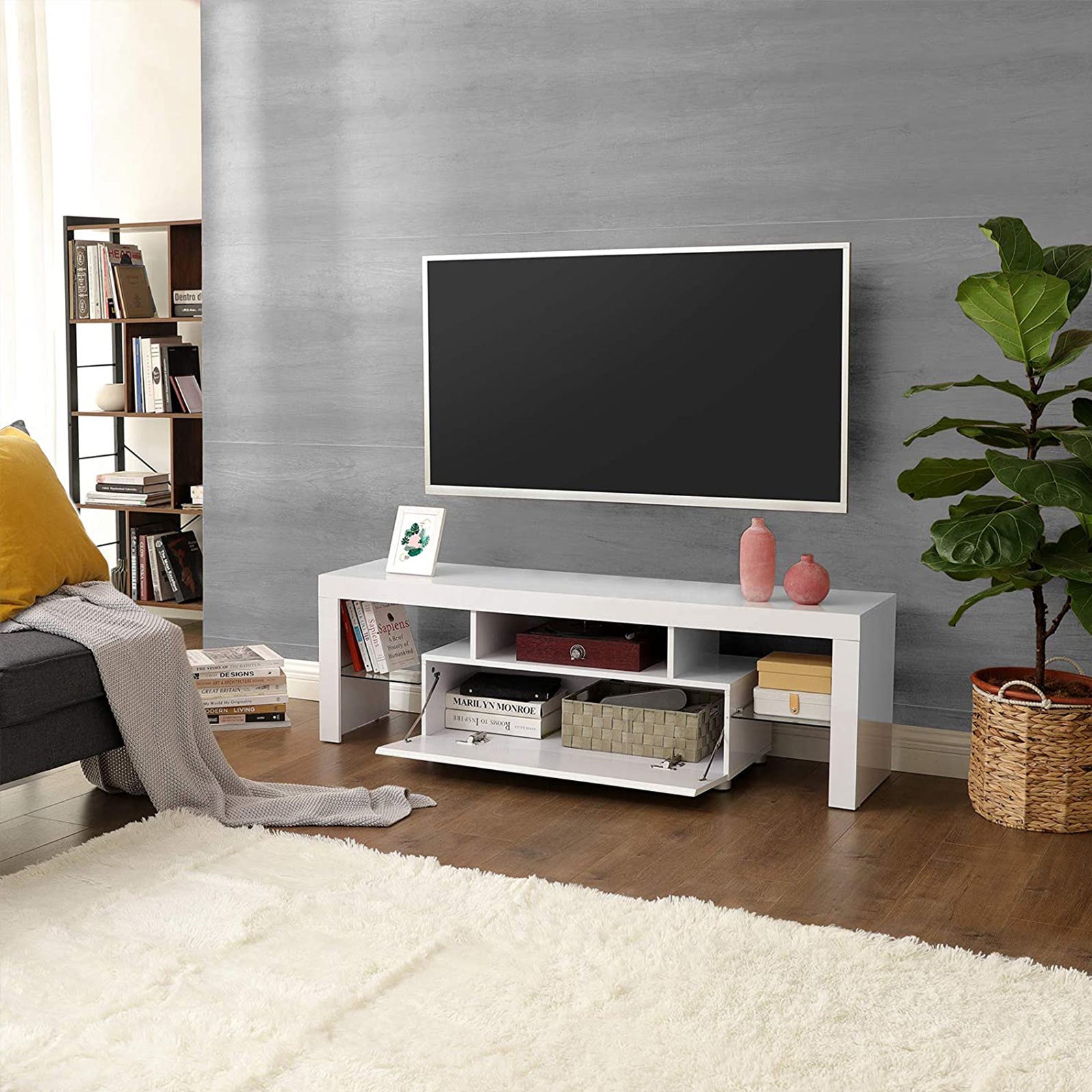 TV Stand – MDF – Glossy White – LED Lighting, Fits TVs up to 60 Inches